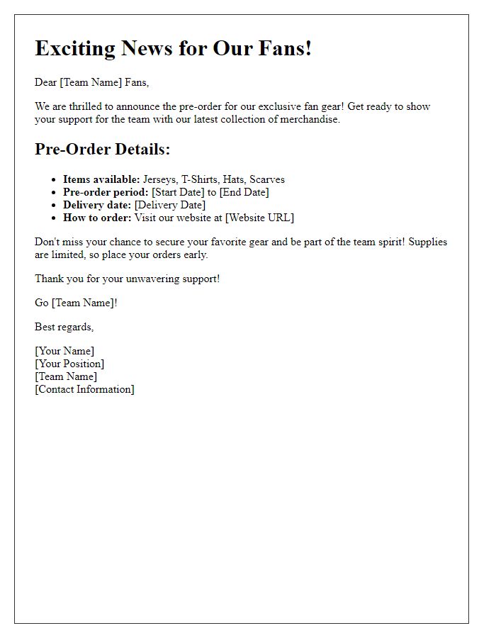 Letter template of sports team fan gear pre-order announcement