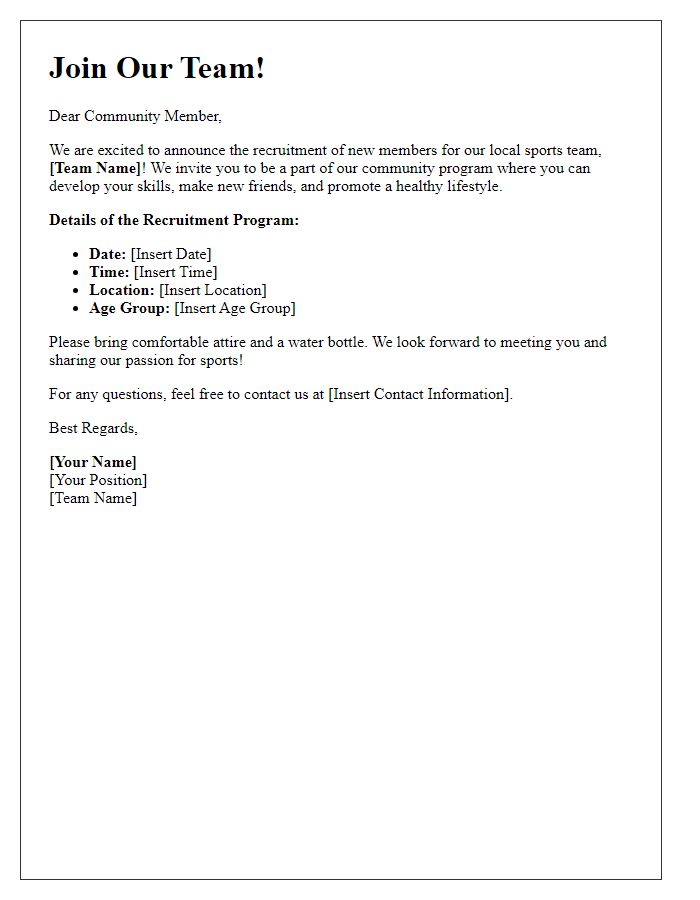 Letter template of sports team recruitment invitation for community programs.