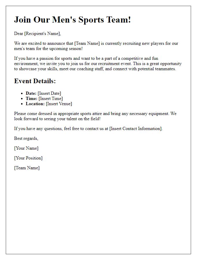 Letter template of sports team recruitment invitation for men's teams.