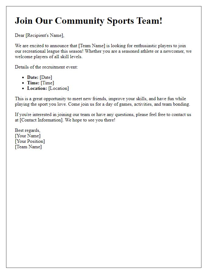 Letter template of sports team recruitment invitation for recreational leagues.