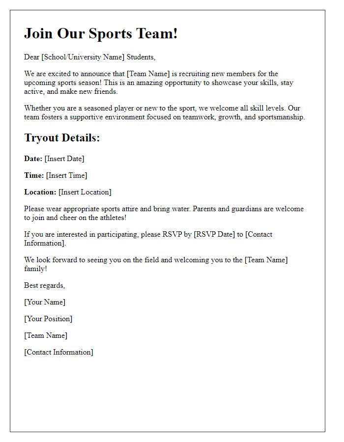 Letter template of sports team recruitment invitation for schools and universities.