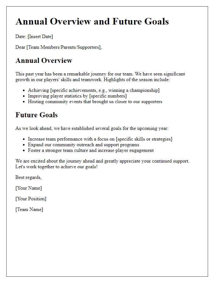 Letter template of a sports team annual overview and future goals