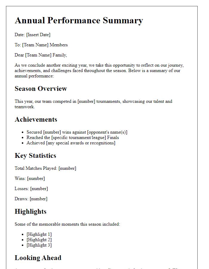 Letter template of a sports team annual performance summary