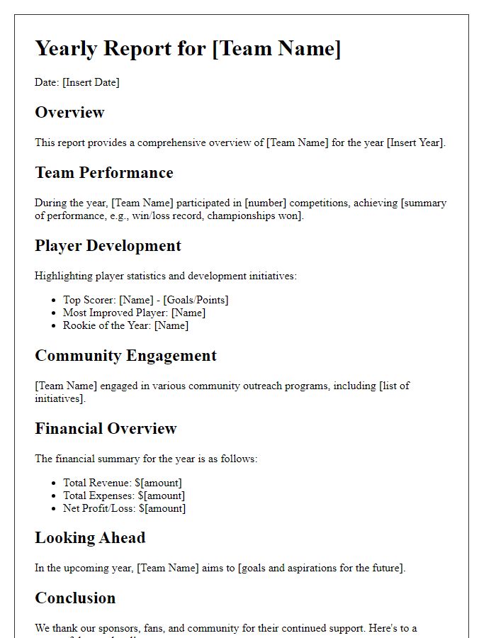 Letter template of a sports team comprehensive yearly report