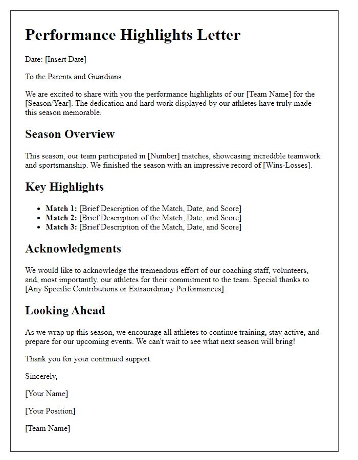 Letter template of a sports team performance highlights letter