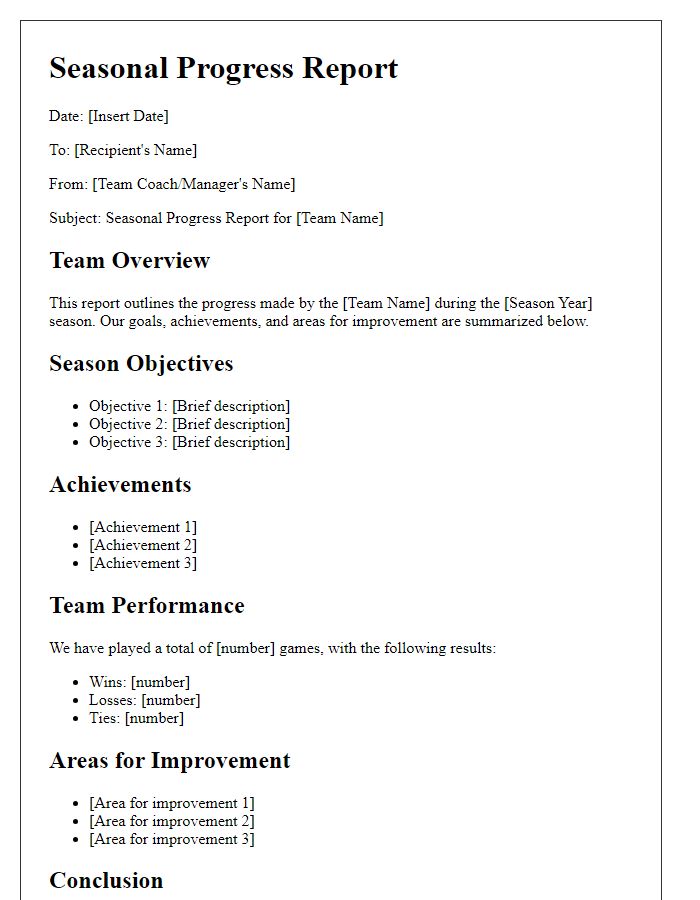 Letter template of a sports team seasonal progress report