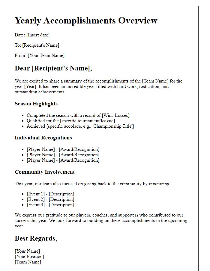 Letter template of a sports team yearly accomplishments overview