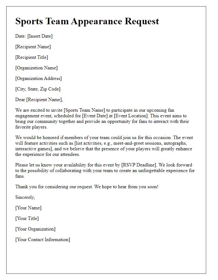 Letter template of sports team appearance for fan engagement event