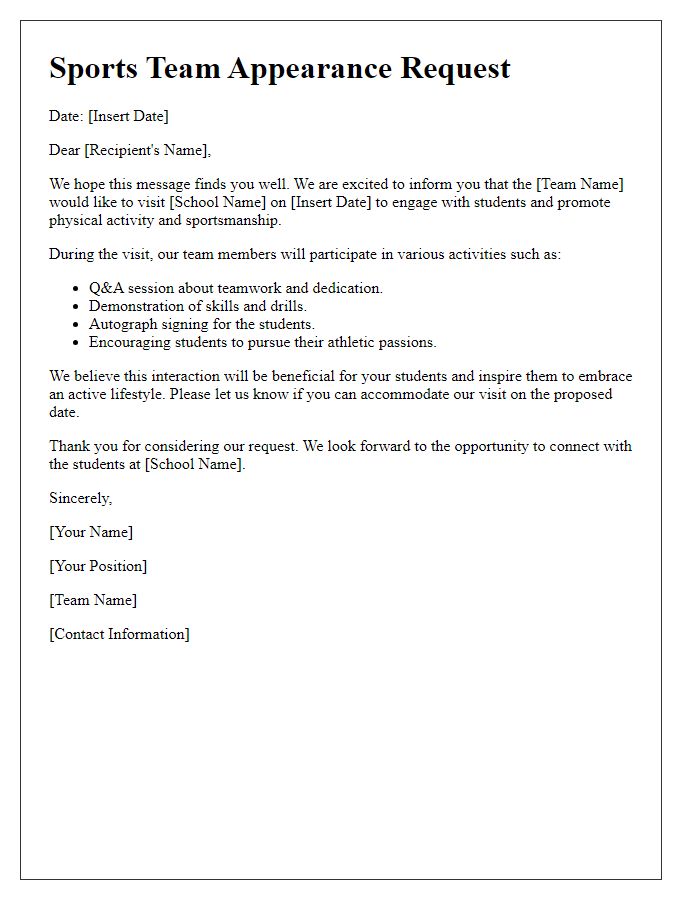 Letter template of sports team appearance for school visit