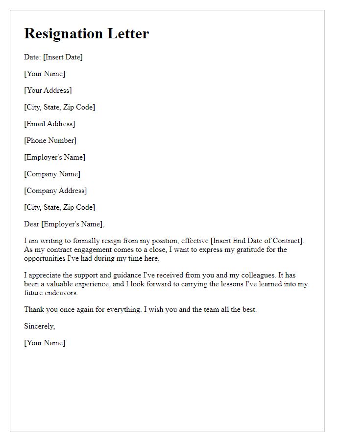 Letter template of resignation after contract engagement ends.