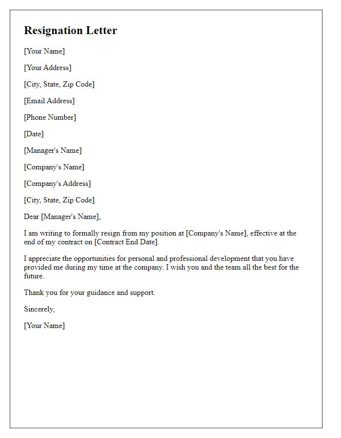 Letter template of resignation after end of contract period.