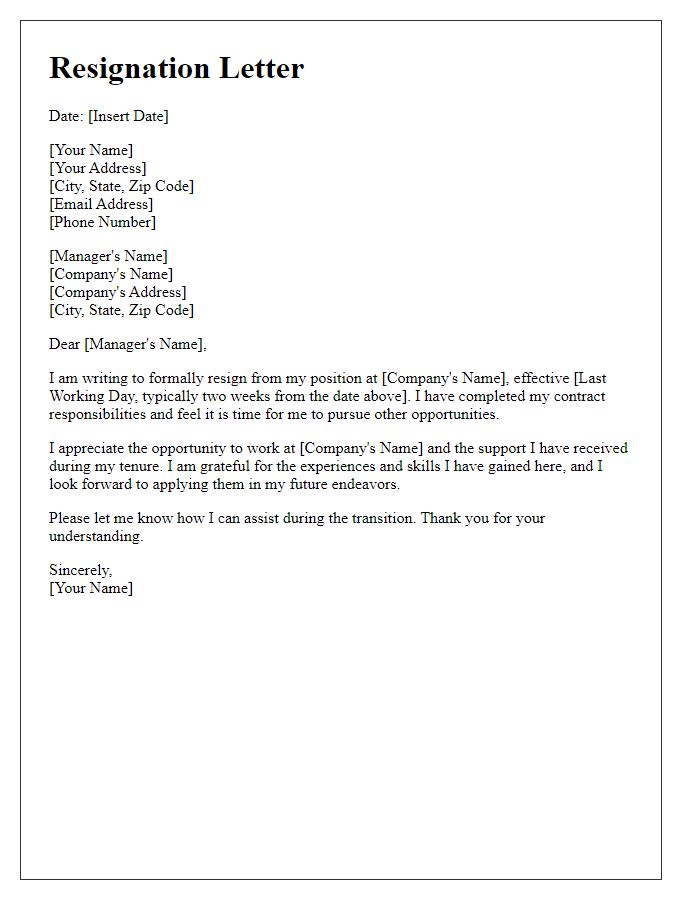 Letter template of resignation after fulfilling contract responsibilities.