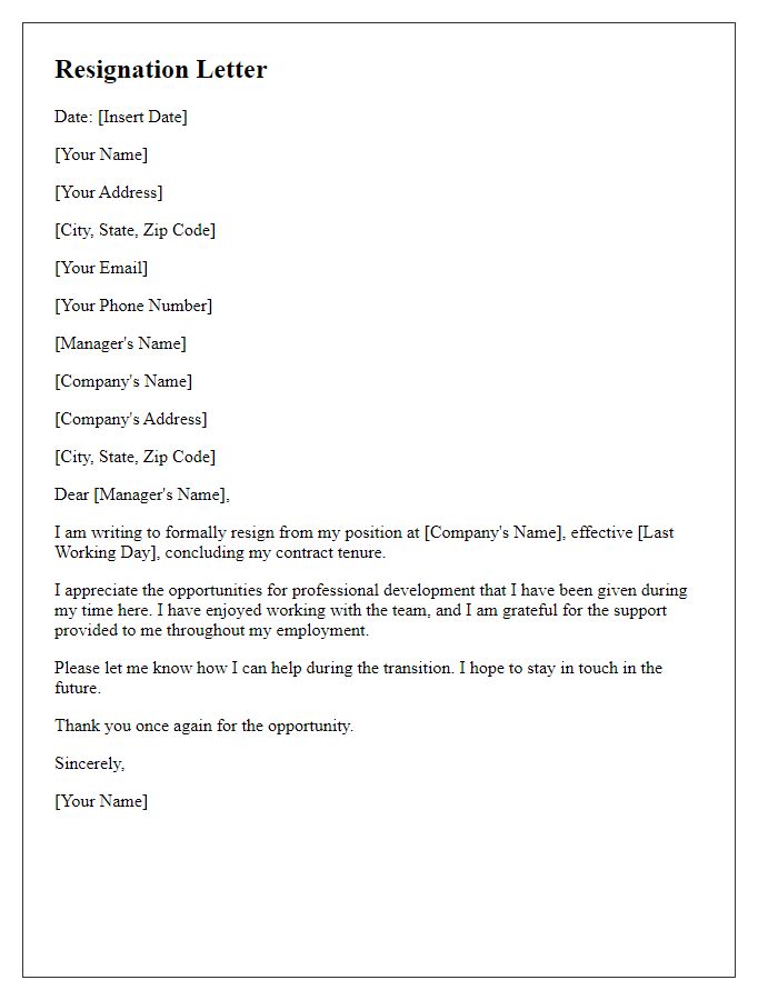 Letter template of resignation concluding contract tenure.