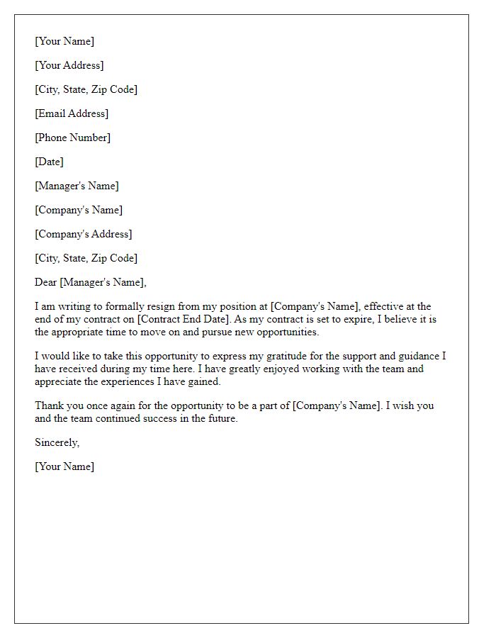 Letter template of resignation following contract expiration.