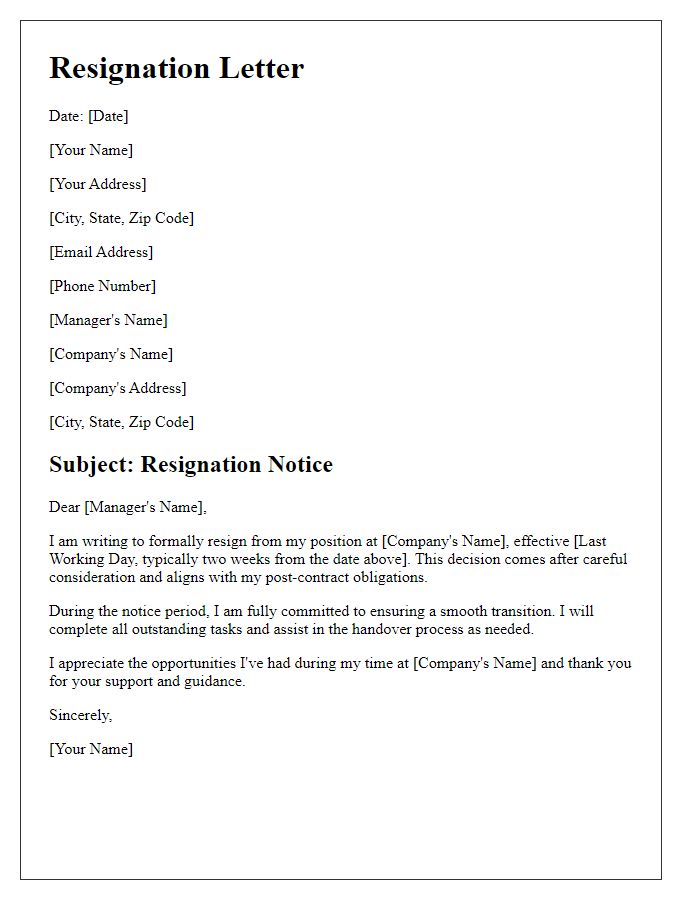 Letter template of resignation post-contract obligations.