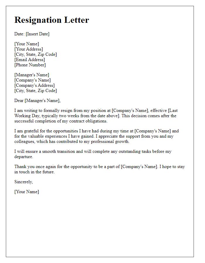 Letter template of resignation upon contract achievement.