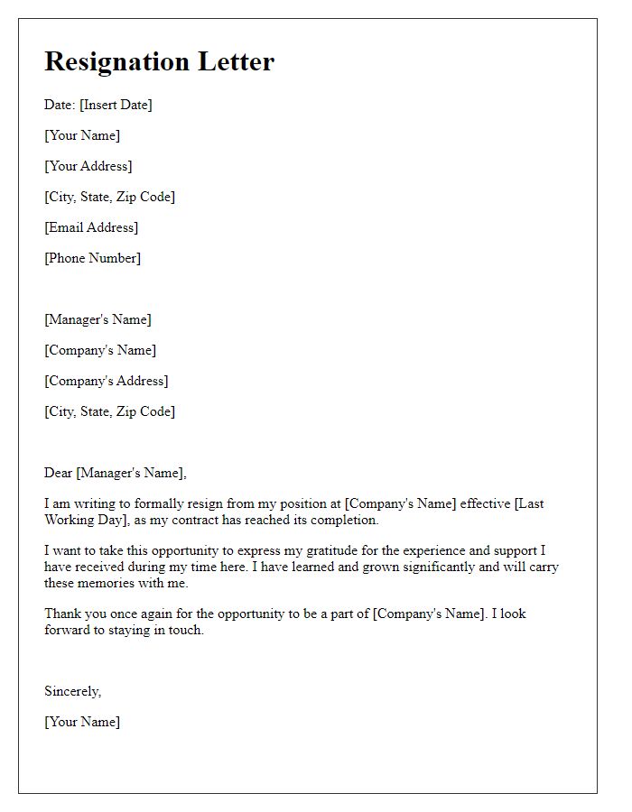 Letter template of resignation upon contract completion.