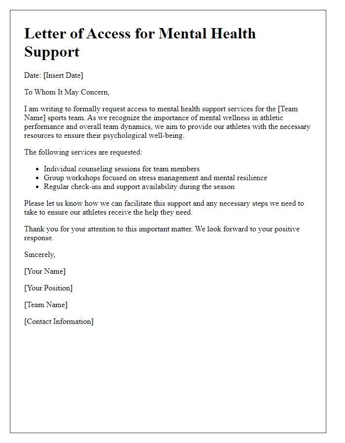 Letter template of access for sports team mental health support.