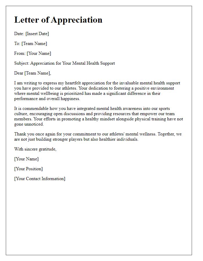 Letter template of appreciation for sports team mental health support.