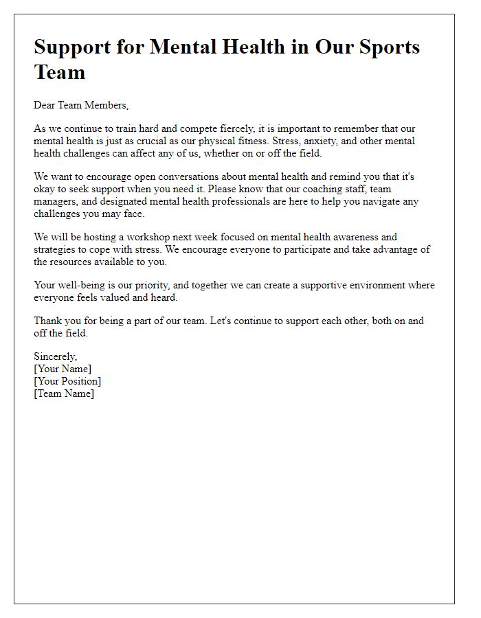 Letter template of awareness for sports team mental health support.