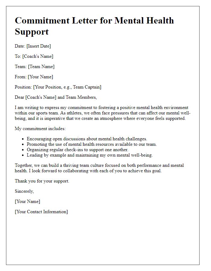 Letter template of commitment for sports team mental health support.