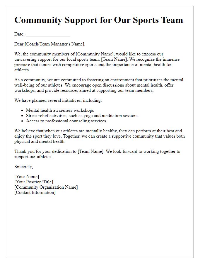 Letter template of community for sports team mental health support.