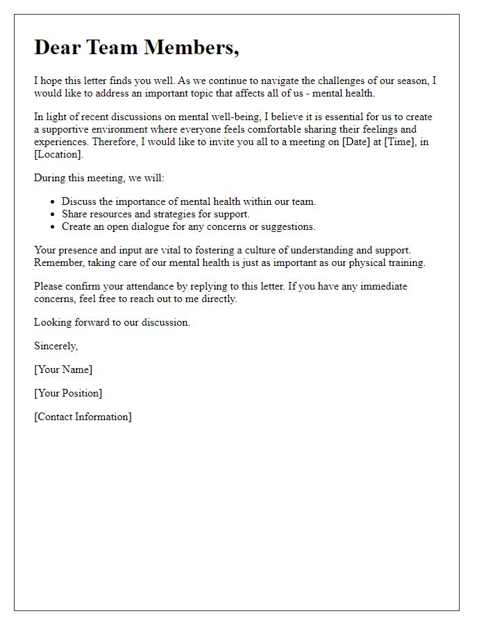 Letter template of discussion for sports team mental health support.