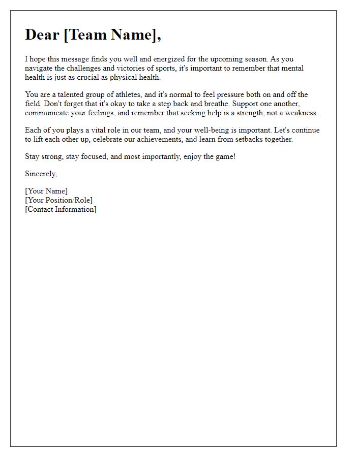 Letter template of encouragement for sports team mental health support.