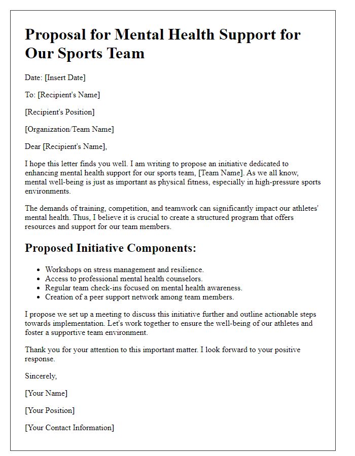 Letter template of initiative for sports team mental health support.