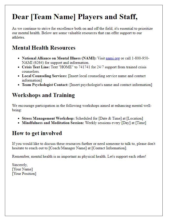 Letter template of resources for sports team mental health support.