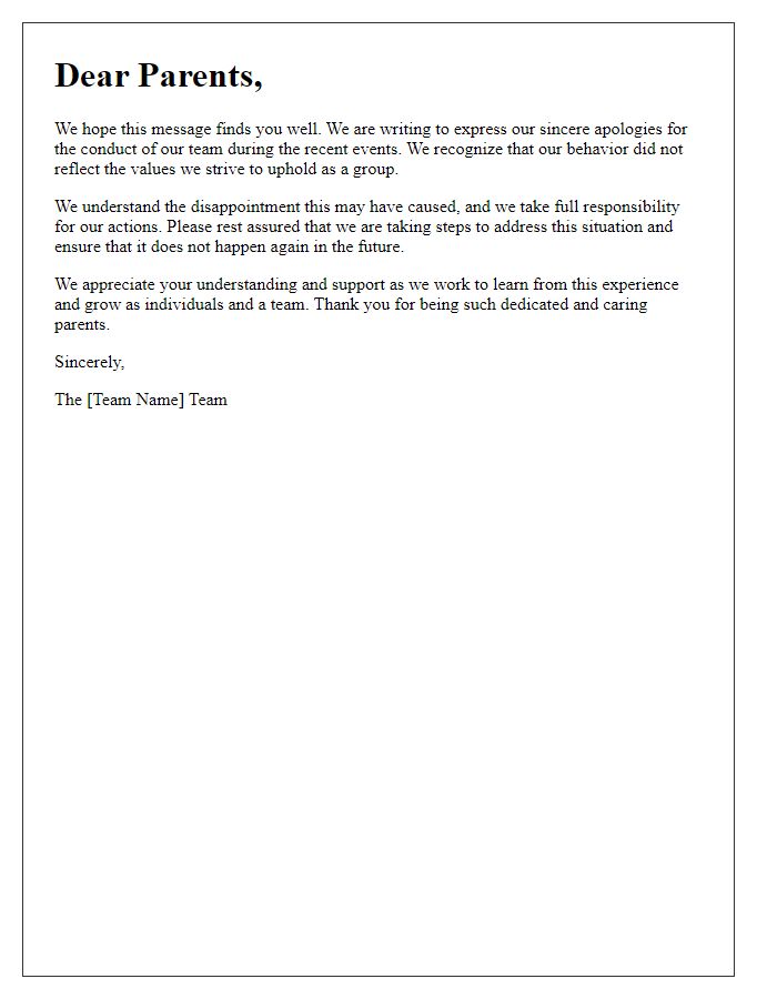 Letter template of group apology to parents for team conduct.