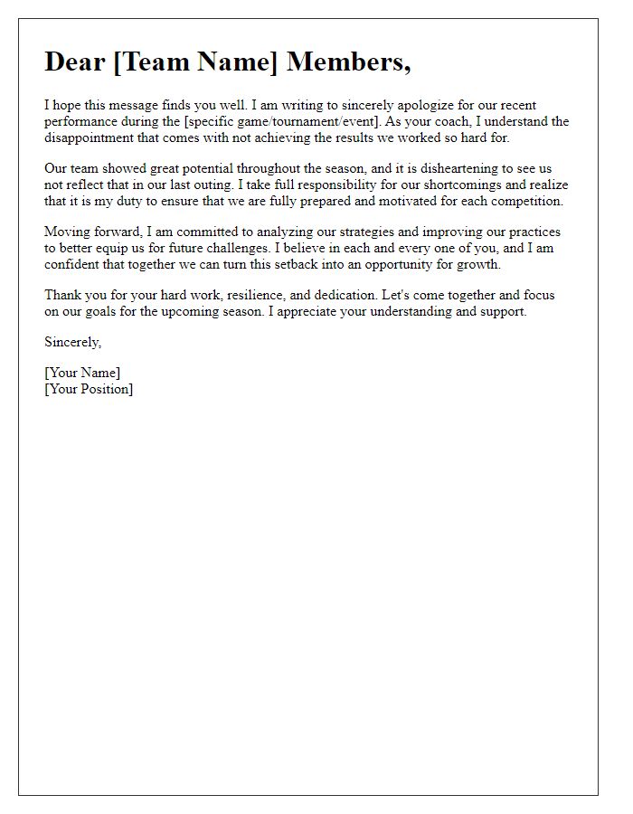 Letter template of sincere apology for sports team performance.