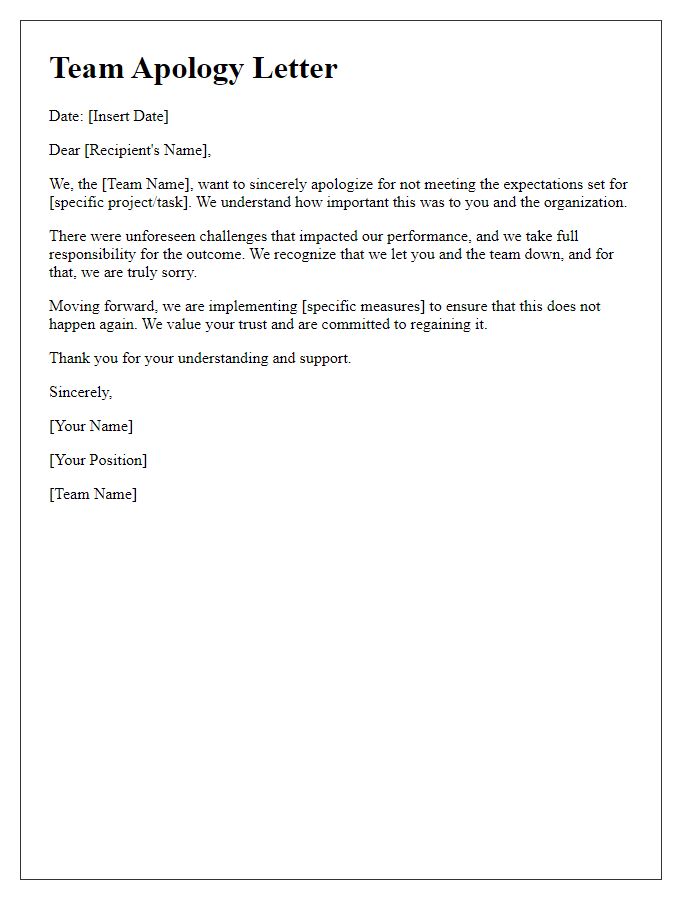 Letter template of team apology for not meeting expectations.