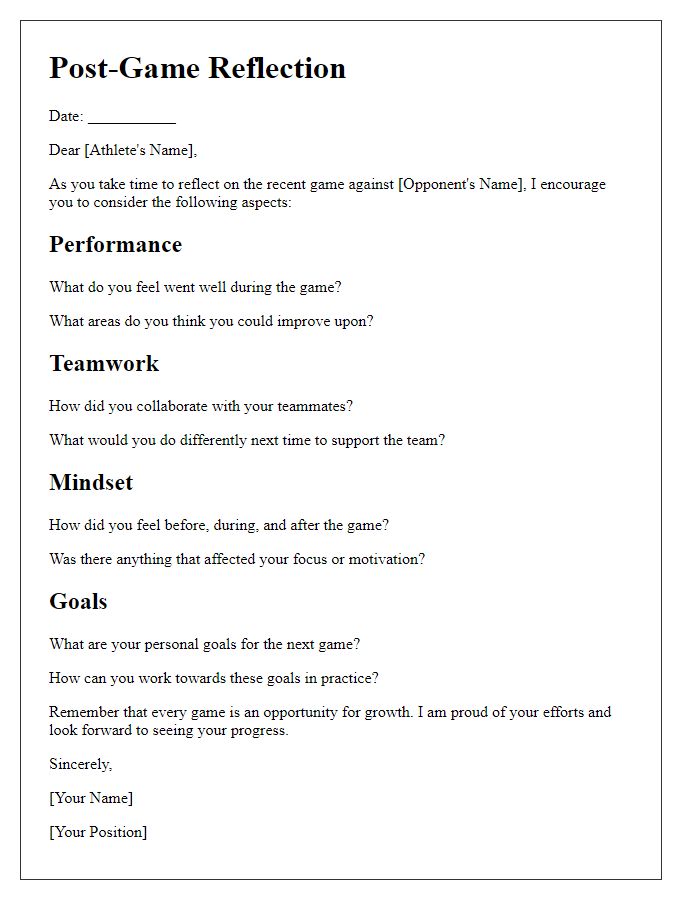 Letter template of a post-game reflection for athletes