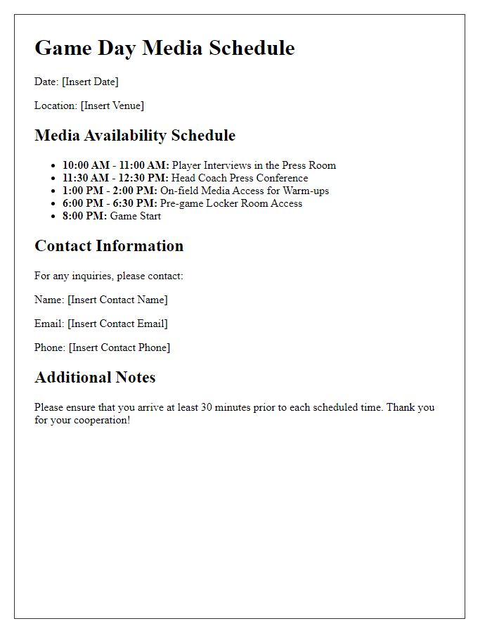 Letter template of game day media schedule for sports team.