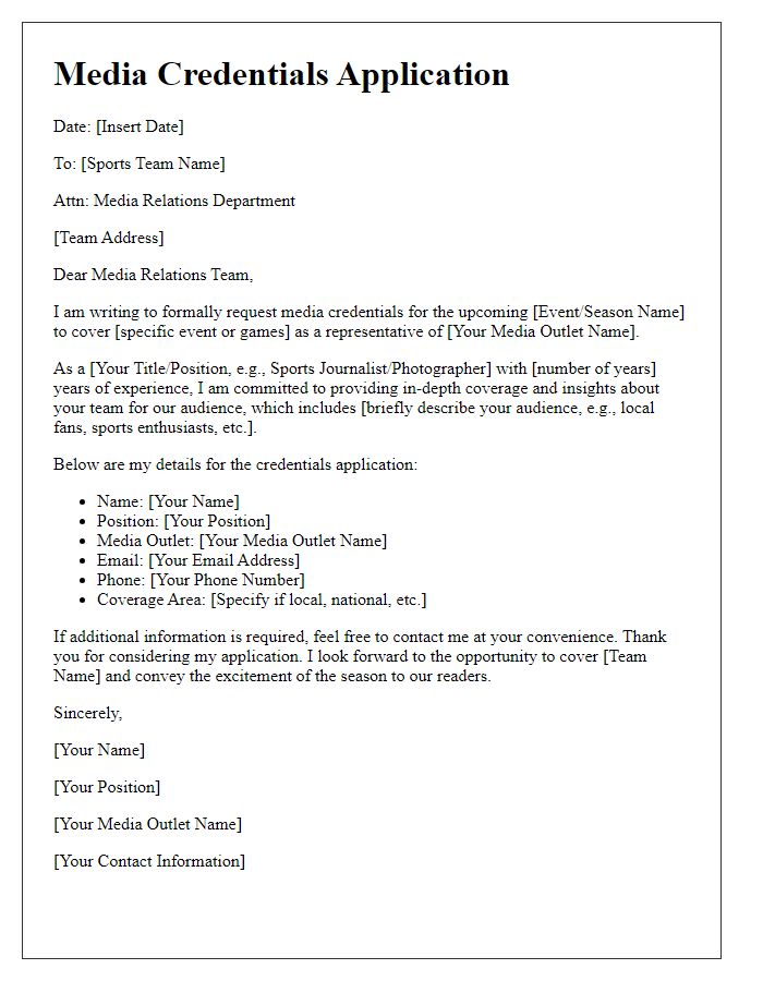 Letter template of media credentials application for sports team.