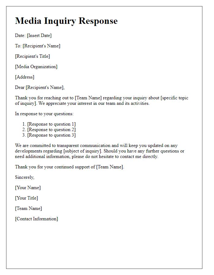 Letter template of media inquiry response for sports team.