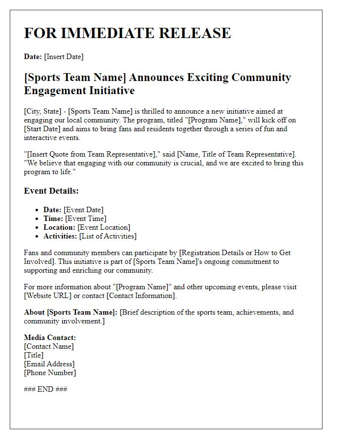 Letter template of press release for sports team engagement.