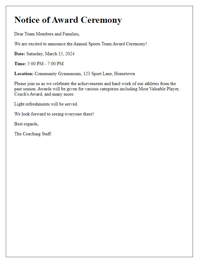 Letter template of sports team award ceremony notice