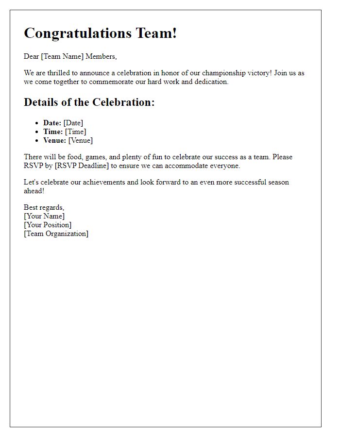 Letter template of sports team championship celebration announcement