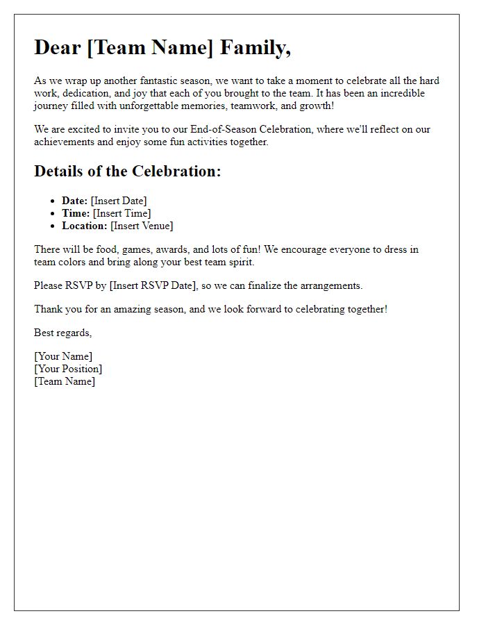 Letter template of sports team end-of-season celebration