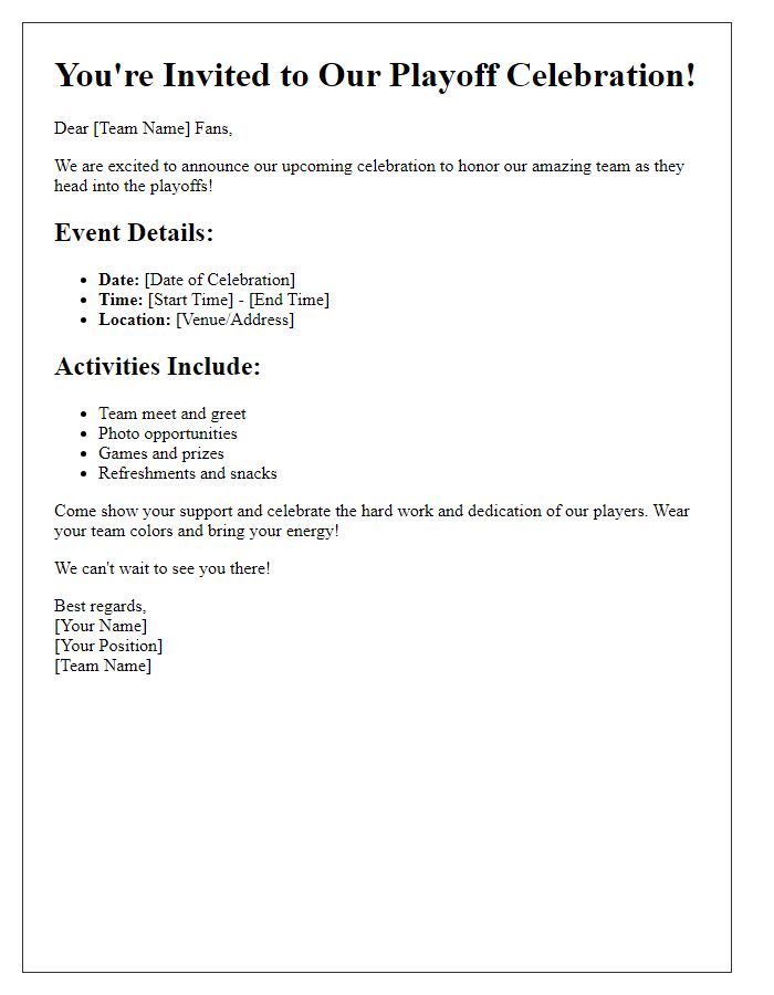 Letter template of sports team playoff celebration details