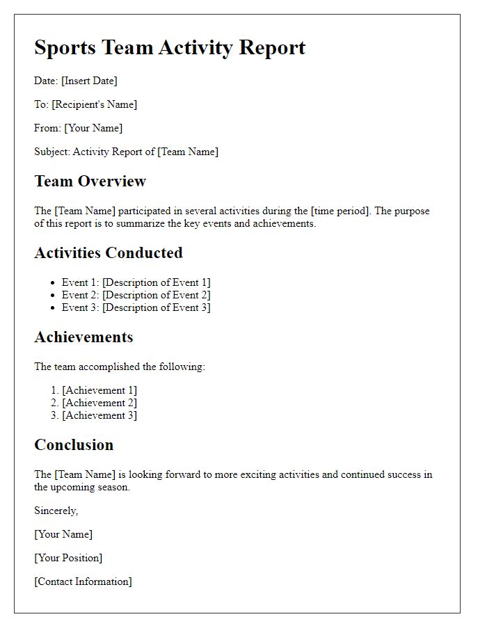 Letter template of sports team activity report