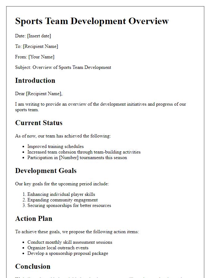 Letter template of sports team development overview