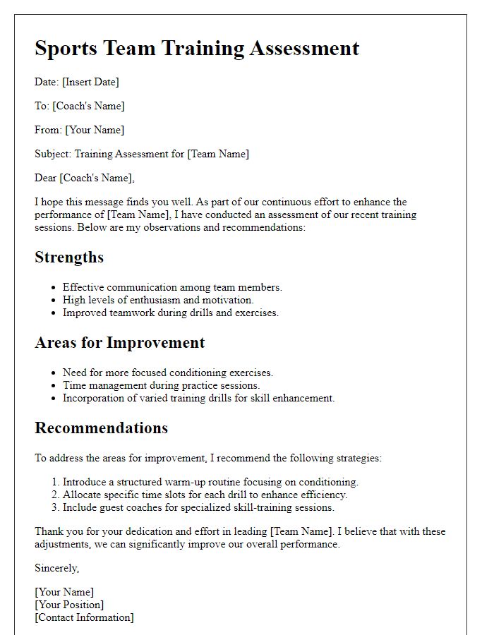 Letter template of sports team training assessment