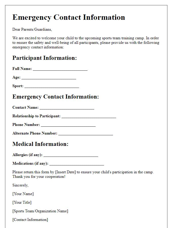 Letter template of sports team training camp emergency contact information