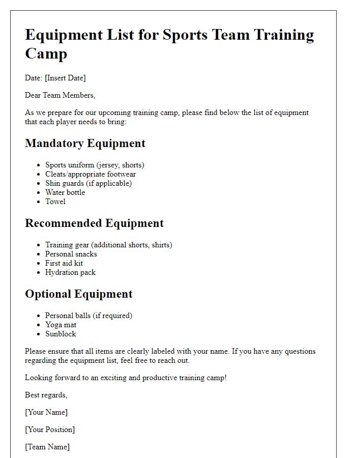 Letter template of sports team training camp equipment list