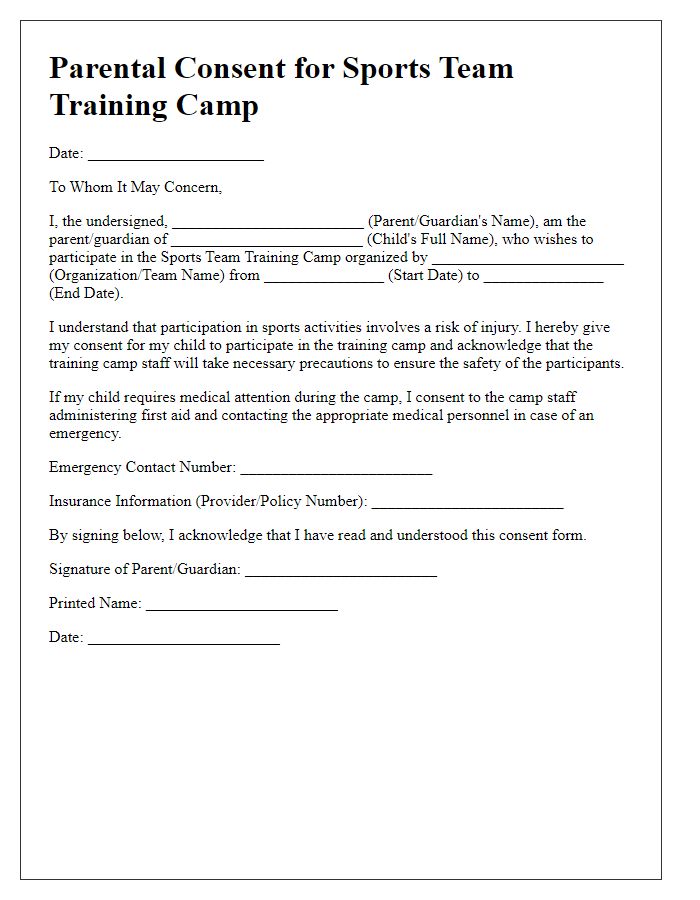 Letter template of sports team training camp parental consent