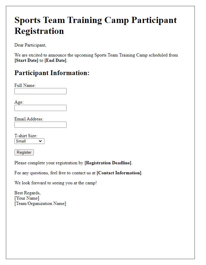 Letter template of sports team training camp participant registration