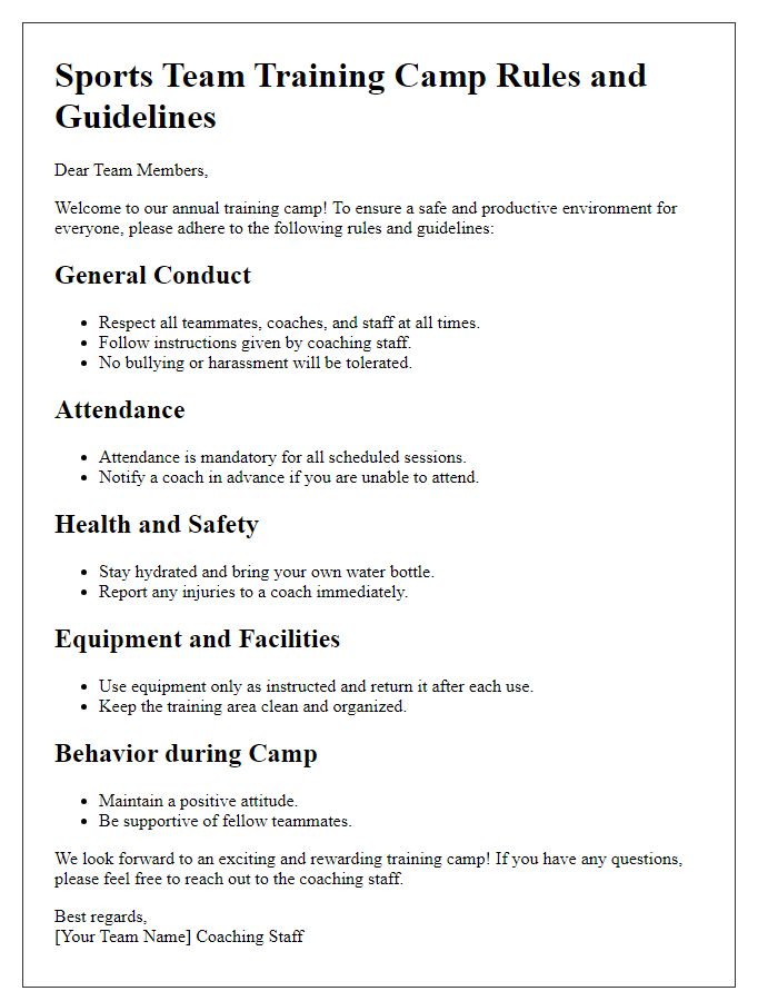 Letter template of sports team training camp rules and guidelines